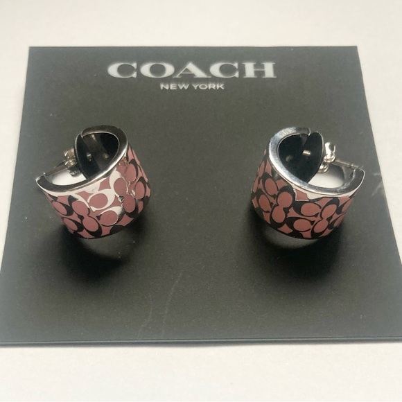 Coach Signature Huggie Earrings Pink Silver NWT - Picture 1 of 4
